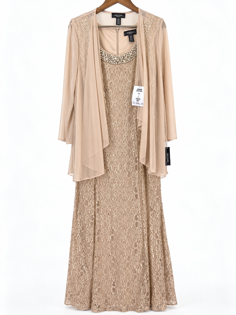 R&M Richards Champagne Lace Beaded Gown w Sheer Overlay Size 16W Plus Glitter